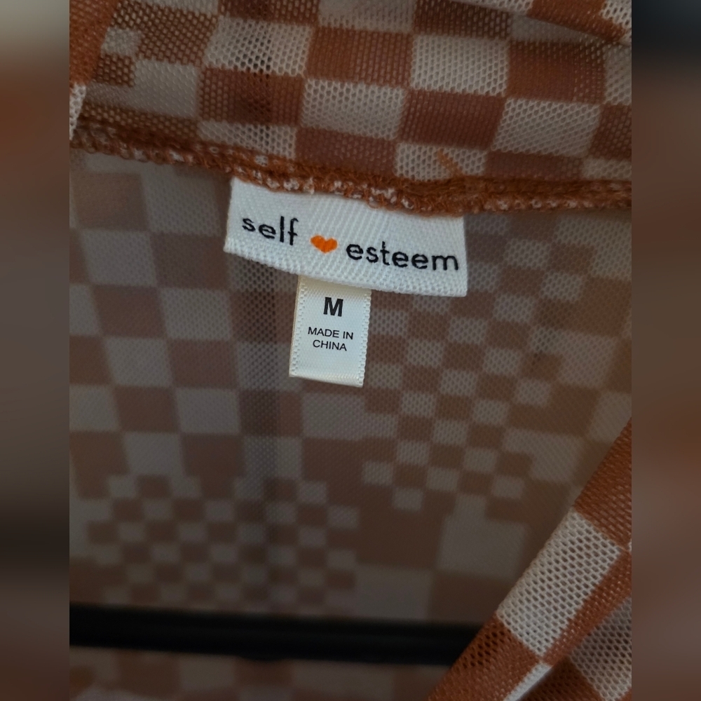 Self Esteem Checkered Rust Long Sleeve Sheer Top - Picture 2 of 4